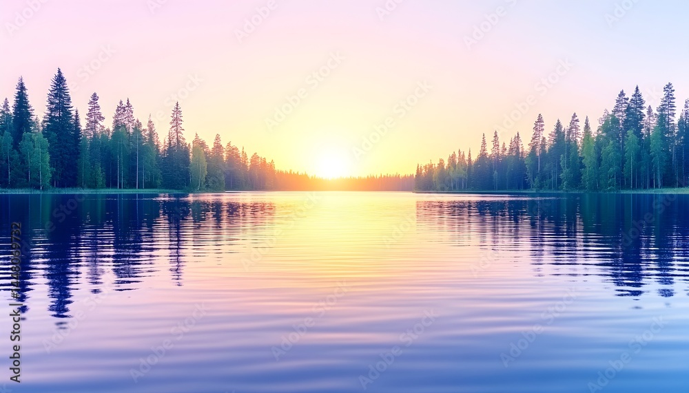 Fototapeta premium Serene sunrise over calm lake, trees mirrored in still water, pastel sky hues