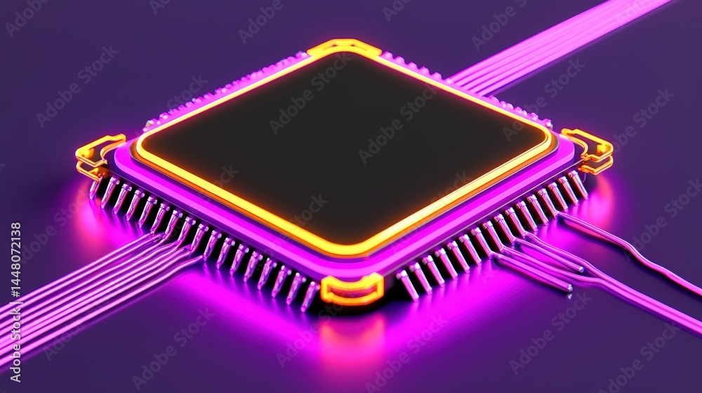 Computer chip illuminated by a bright yellow light showcasing advanced technology and design Computer chip illuminated by a bright yellow light showcasing advanced technology and design
