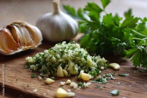 Freshly chopped garlic and parsley on a wooden cutting board, ready for culinary use.