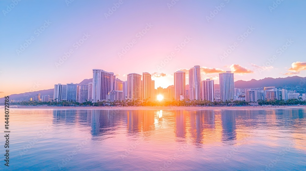 Obraz premium Vibrant sunrise over a coastal city skyline reflected in calm ocean waters