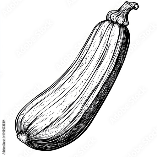 Single zucchini illustration, hand-drawn, black and white, detailed, vegetable.