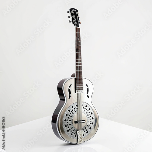 Steel resonator guitar on white surface