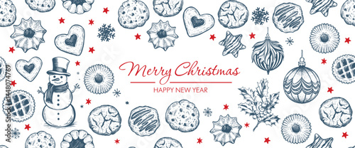 Cookie pattern on white, hand drawn illustration.	