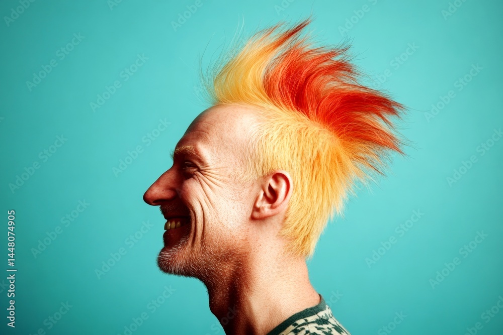 A cheerful and poised gentleman standing elegantly. Trendy men's colored rocker haircut - midlife white man with blond hair. Green solid background. Design idea of style for aging men.