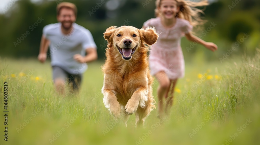 happy family travel on their summer holiday trip together with their cheerful golden retriever dog at beautiful natural area.
