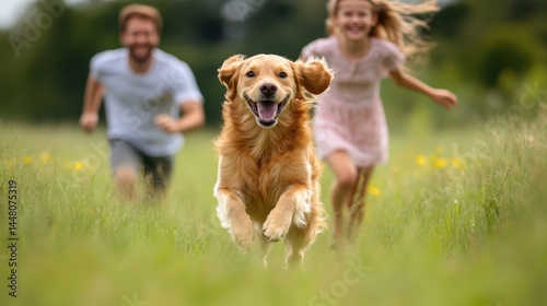 Obraz na płótnie happy family travel on their summer holiday trip together with their cheerful golden retriever dog at beautiful natural area. w salonie