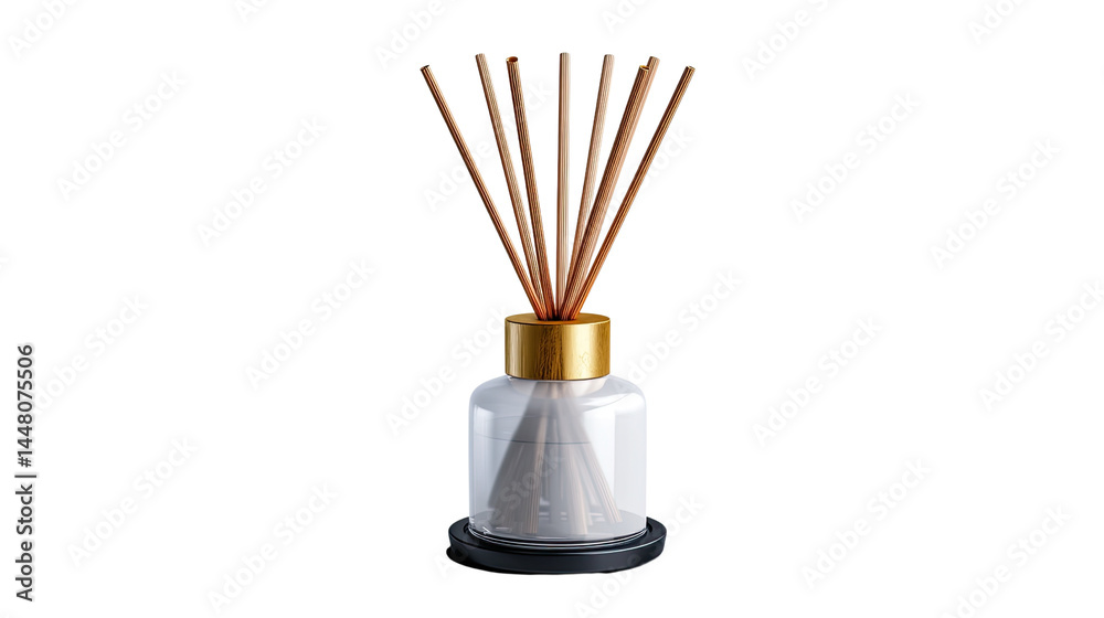 Aromatic Diffuser: Elegant diffuser with reeds, presented in a minimalist and modern style, perfect for creating a calm and scented atmosphere.