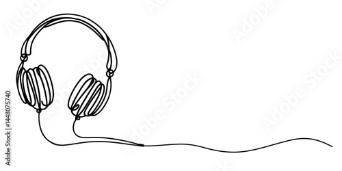 Music Listening Concept: Headphones Line Drawing Artwork, simple yet effective sketch displays headphones with a long cable