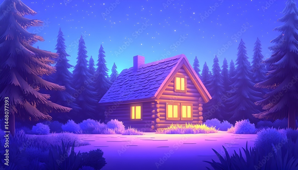 Naklejka premium A cozy log cabin glows warmly amidst a dark, starlit pine forest at night