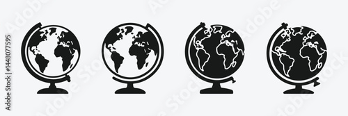 Set of Globe Icons. World Map Icon Bundle. Silhouette Of Globe Icons. Educational Elements.