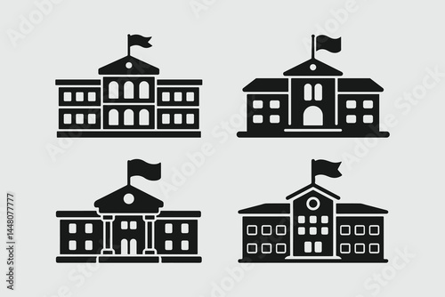 School Building Silhouette Icons. Set of School Building Silhouettes. School Building.