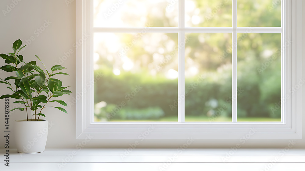 Fototapeta premium A plant sits near a window, sunlight streams in, blurring the trees outside and creating a calming, minimalist aesthetic. Indoor plant near a window.