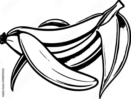 Minimalist Black And White Illustration Of Overlapping Ripe And Peeled Bananas On Plain Backdrop