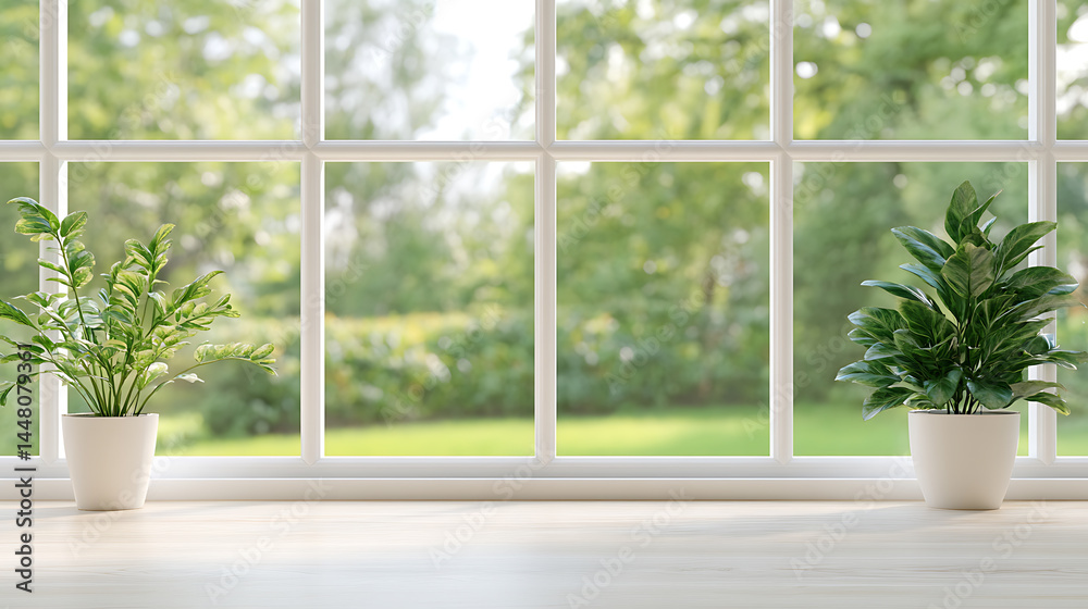 Fototapeta premium Indoor plants frame a bright, sun-drenched view of a garden through a white-framed window, bringing nature inside and creating a serene, peaceful atmosphere.