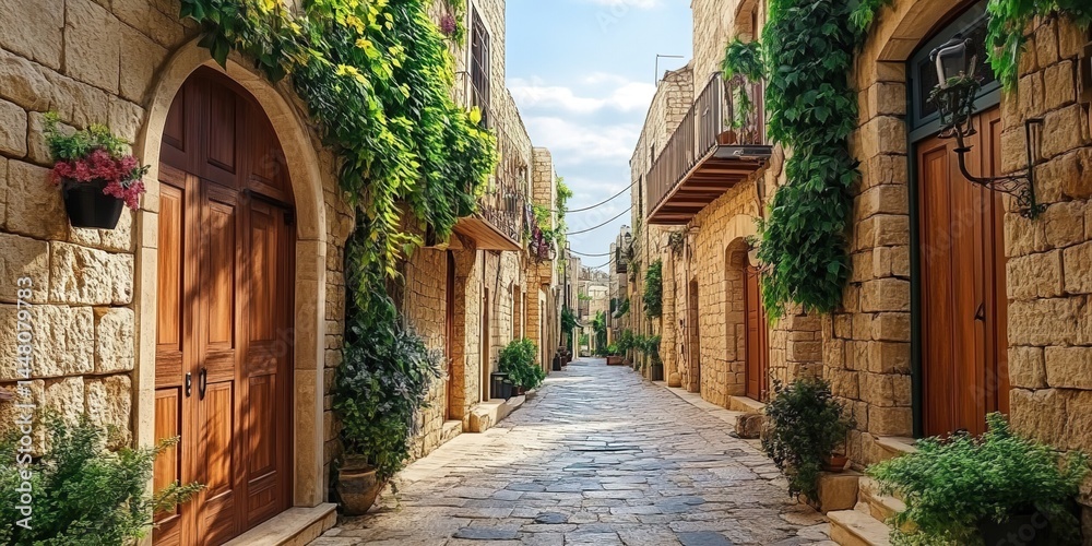 Obraz premium A narrow stone-paved street with stone buildings having arched doors/windows, green vines on walls, potted plants under white cloudy sky.