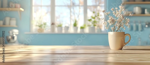 White mug with baby's-breath flowers on wooden table in blue-walled kitchen with shelves and window.