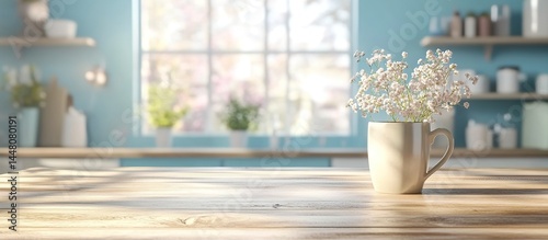 White mug with baby's-breath flowers on wooden table in blue-walled kitchen with shelves and window.