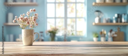 White mug with baby's-breath flowers on wooden table in blue-walled kitchen with shelves and window.