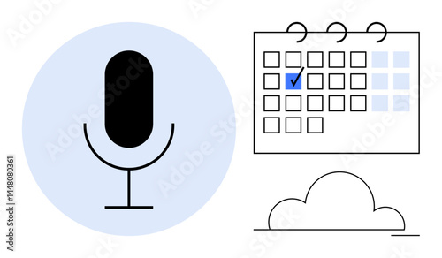 Microphone beside calendar with marked date and cloud, symbolizing scheduling, recording, organization, and storage. Ideal for productivity, audio creation, planning, events cloud storage digital