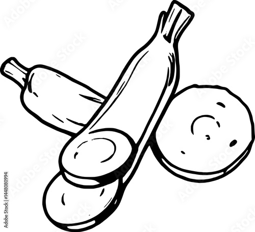 Minimalist Line Art Depicting Zucchinis And A Sliced Squash On Plain White Backdrop Food Concept