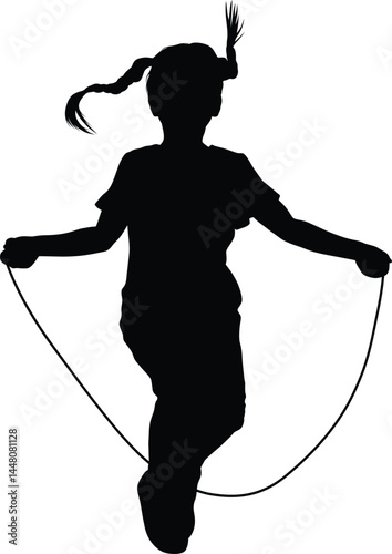 Silhouette Girl Playing with Jumping Rope Front side look Position