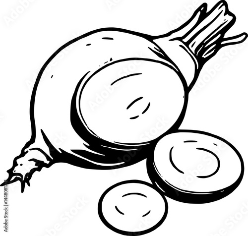 Single Monochrome Image Depicting A Cut Beetroot Vegetable With Two Slices On White Background