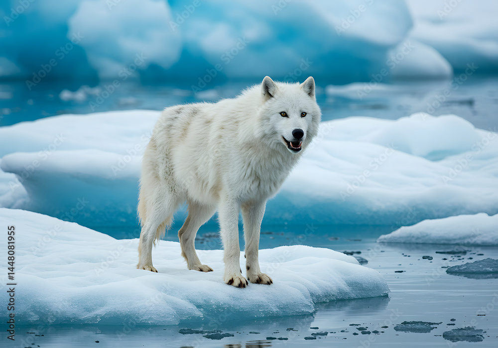Fototapeta Majestic Arctic Wolf Standing on Ice Floe, Wildlife Portrait, Glacier, Polar Landscape.