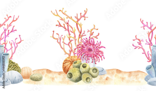 Watercolor seamless horizontal border pattern with pink corals, sea anemone, sponges, stones, and sand. Perfect for summer designs, packaging, textile borders, and marine-themed decor.