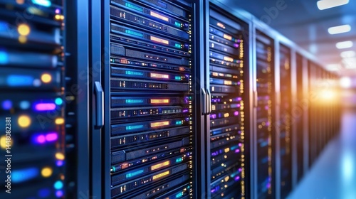 Futuristic server racks with glowing lights in a data center hallway, ideal for technology, IT infrastructure, or cybersecurity visuals