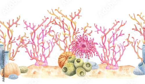 Watercolor seamless horizontal border pattern with pink corals, sea anemone, sponges, stones, and sand. Perfect for summer designs, packaging, textile borders, and marine-themed decor.