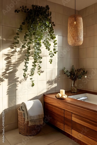 Minimalist spa bathroom with sunbeam through hanging eucalyptus