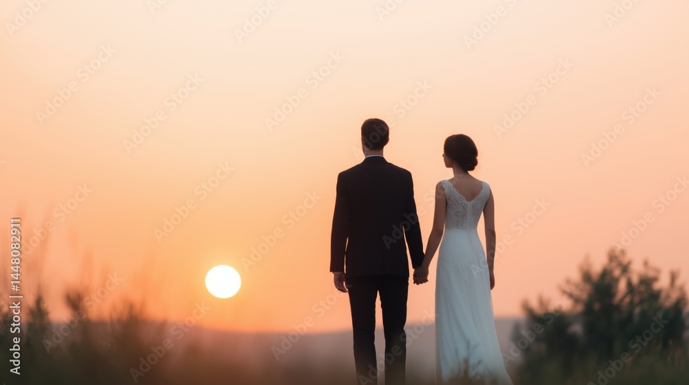 Couple holds hands at sunset during their romantic wedding moment in nature's embrace.