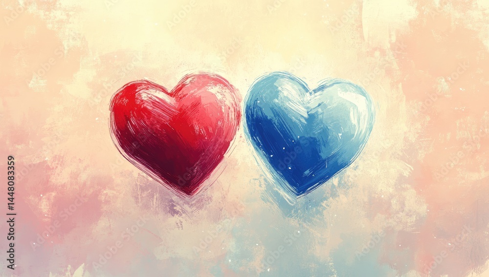Obraz premium Two contrasting hearts, red and blue, painted in a soft style.