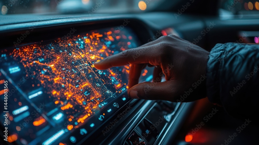 Interactive Car Navigation System Display Futuristic City Map Interface