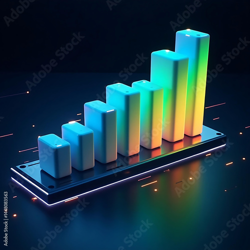 Futuristic Neon 3D Bar Chart with Glowing Lights and Dark Tech Background