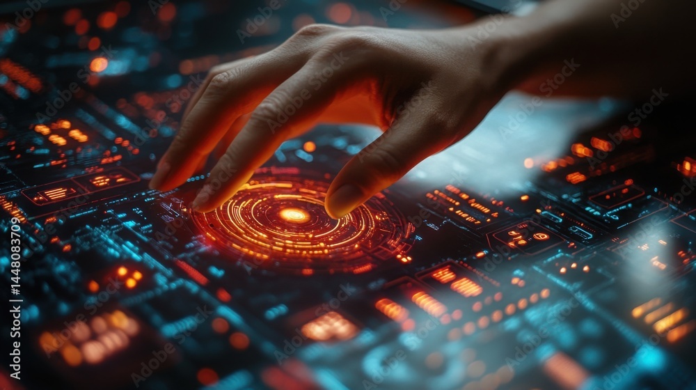 Futuristic Technology Interface Hand Interacting with Holographic Display