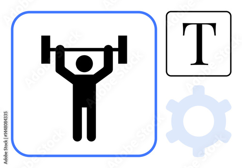 Figure lifting a barbell, letter T in a box, and a gear. Ideal for fitness, strength, weightlifting, typography, customization tools mechanics. Flat simple metaphor