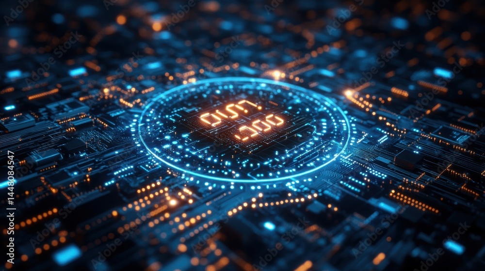 Futuristic Digital Circuit Board with Glowing Orange Data Processing