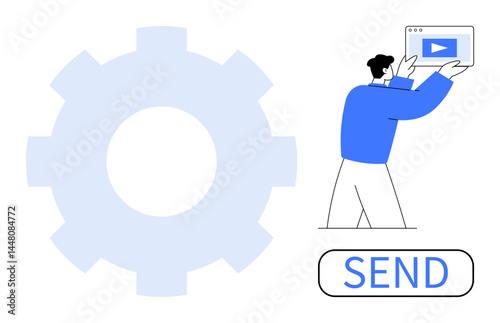 Person holding a screen with a video play icon, large gear in the background, Send button below. Ideal for teamwork, software, technology, communication, productivity, automation simple landing