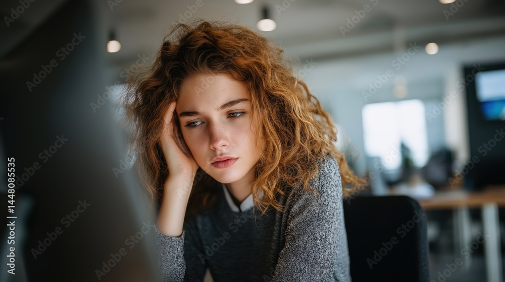 Young woman with curly hair looking stressed while working on a computer in a modern office setting during daytime.