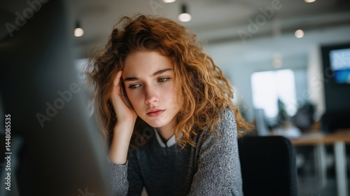 Obraz na płótnie Young woman with curly hair looking stressed while working on a computer in a modern office setting during daytime. w salonie