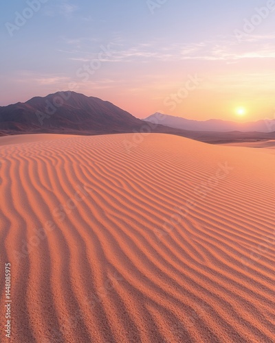 Sunset Over Desert Dunes and Mountains