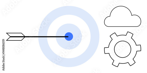 Arrow hitting the center of a target surrounded by a cloud and gear. Ideal for themes thumbs up goal setting, cloud computing, productivity, collaboration, technology, strategy, simple landing page