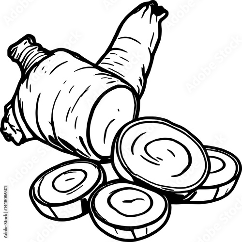 Parsnip Root Vegetable Slices With Artistic Line And Yellow Fill On A White Background Style