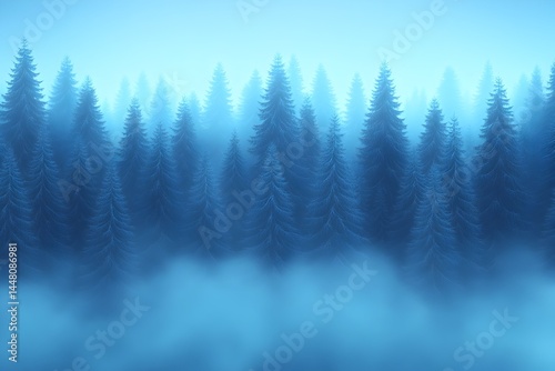 Misty blue forest scene with tall evergreen trees shrouded in fog, creating a serene and mysterious atmosphere