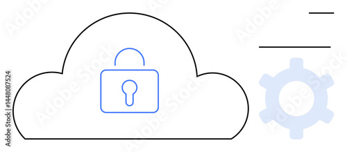 Cloud outline with central padlock icon represents security, accompanied by a gear symbolizing settings. Ideal for cybersecurity, data protection, cloud computing, IT support, system management