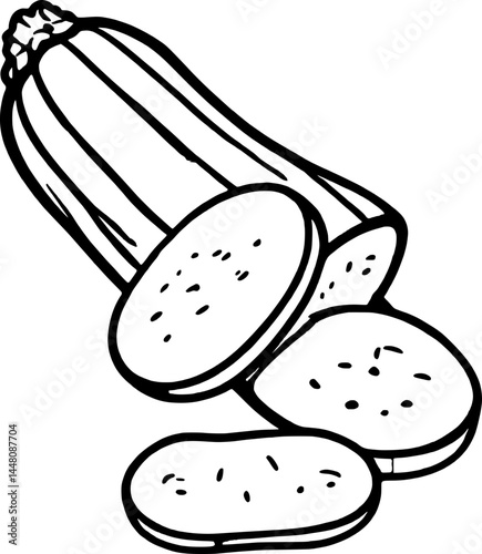 Sliced Fresh Green Zucchini Depicted with Simple Lines and Bold Outlines on White Background