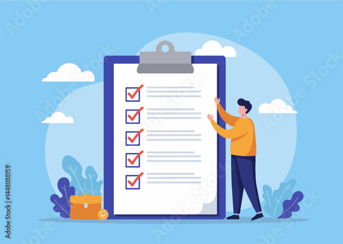 Illustration of a professional man holding a clipboard checklist with marked tasks, symbolizing organization, productivity, goal achievement, and efficient planning in a business or project setting