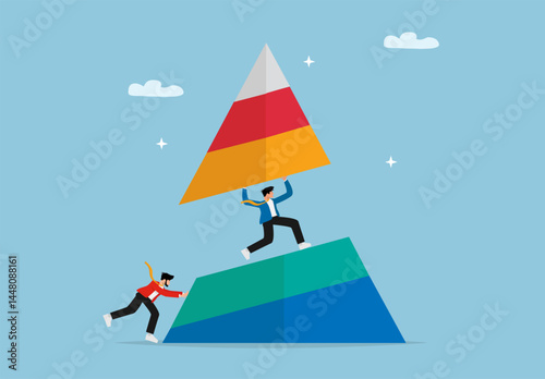 Two Businessmen Collaborating to Build a Pyramid Graph. Teamwork and Growth Strategy Concept Illustration