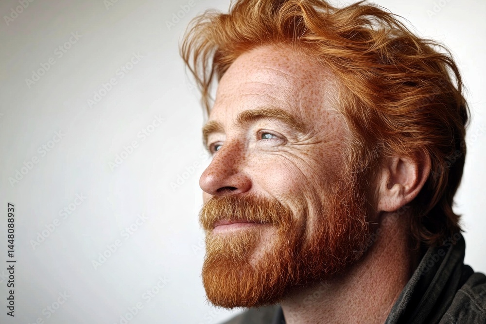 Elegant men's wavy bob haircut - midlife white man with red hair. Creative of style for aging men. A man with a natural glow and soft masculinity. Pure white solid background.